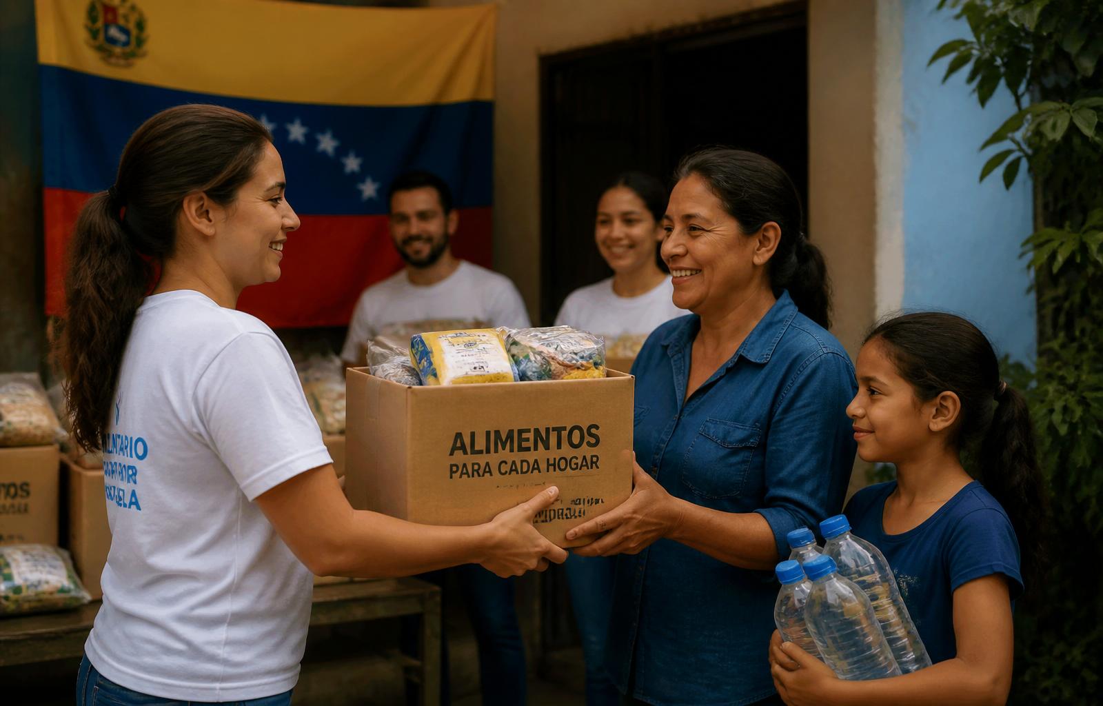 Voluntarios entregando alimentos y agua a familias en Venezuela